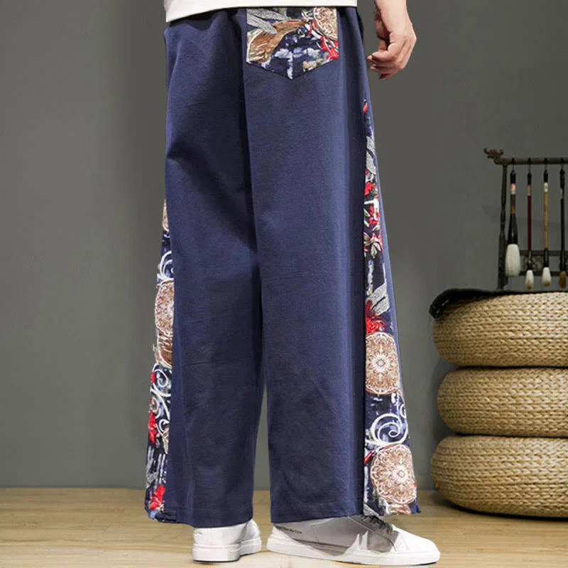 Buddha Stones Crane Embroidery Drawstring Men's Cotton Linen Wide Leg Pants With Pockets