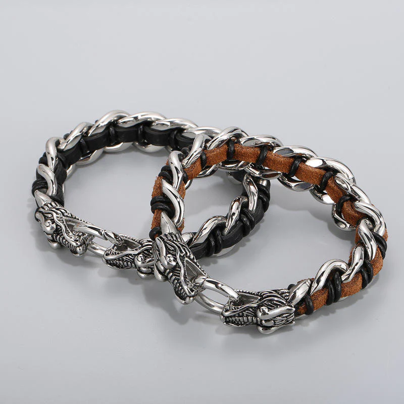Buddha Stones Dragon Leather Titanium Steel Protection Luck Braided Bracelet