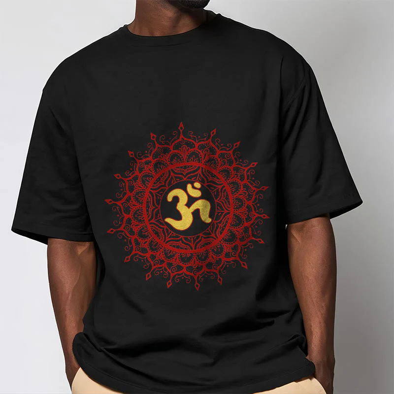 Buddha Stones Casual Red Mandala Om Symbol Pattern Cotton Tee T-shirt