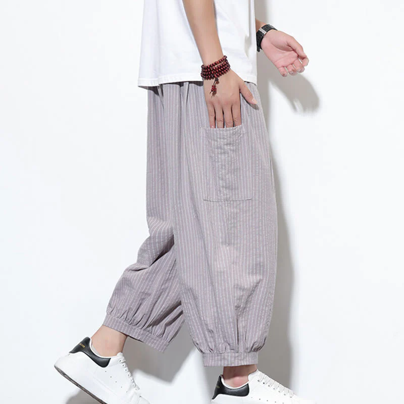 Buddha Stones Casual Striped Men's Cotton 7-8 Length Harem Pants With Pockets