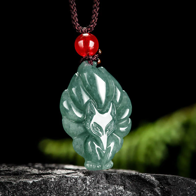 Buddha Stones Natural Green Jade Nine Tailed Fox Luck Necklace Pendant