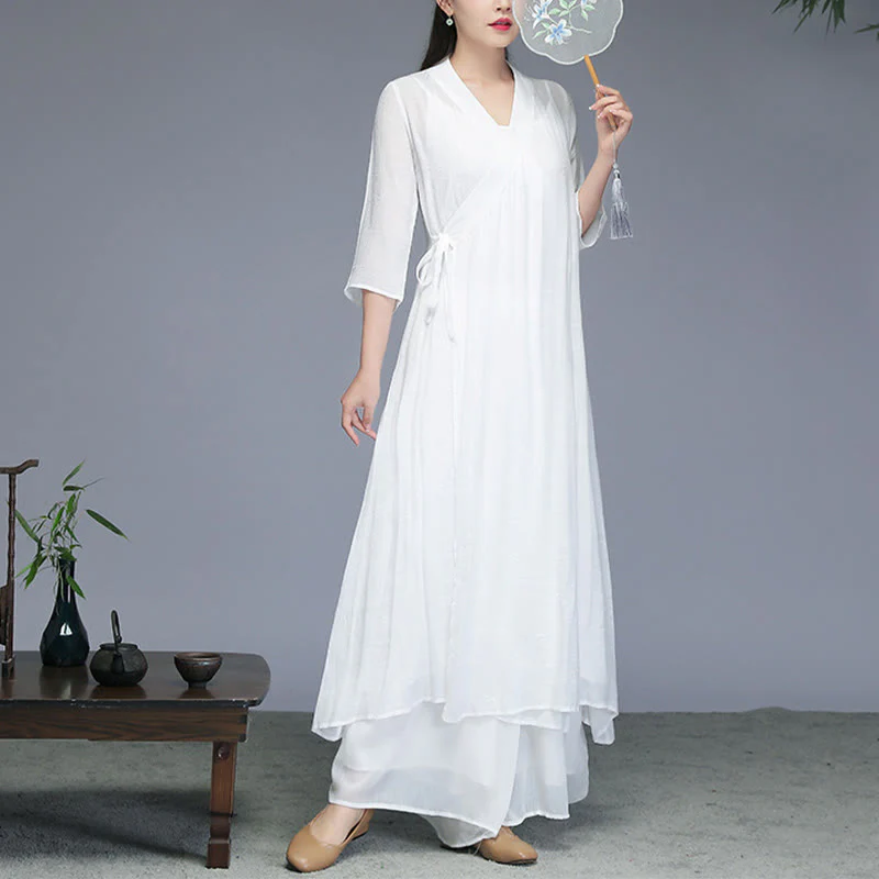 Buddha Stones Hanfu Style Midi Dress Wide Leg Pants Meditation Zen Practice Yoga Dance Clothing