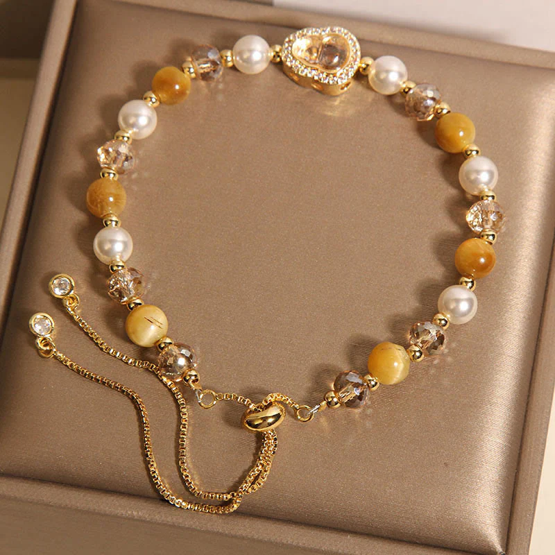 Buddha Stones Yellow Cat's Eye Stone Pearl Gourd Prosperity Bracelet