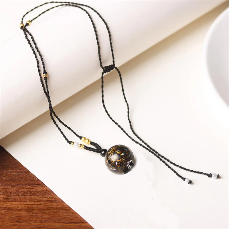 Buddha Stones Ebony Wood Aurora Lacquer Craft Bead Pearl Balance Necklace Pendant
