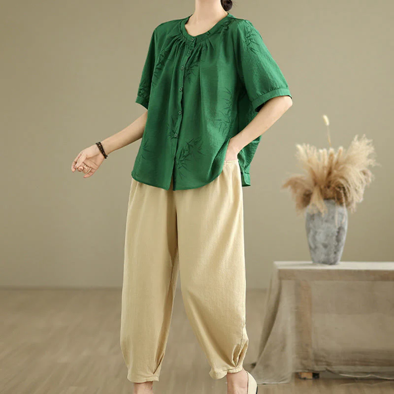 Buddha Stones 2pcs Casual Women's Short Sleeve Shirt Harem Pants Meditation Clothing Set