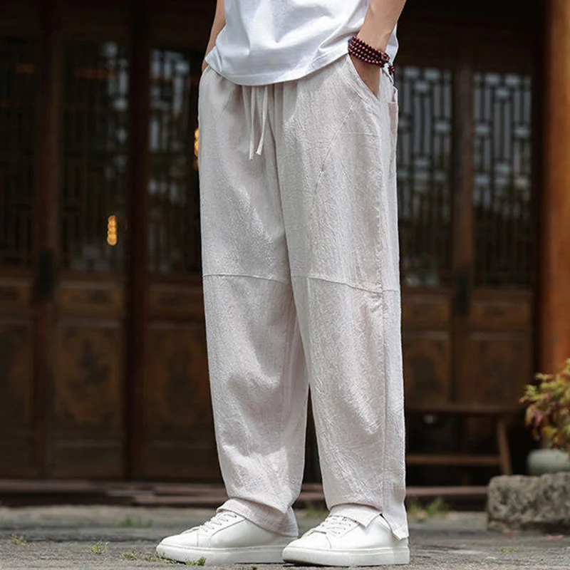 Buddha Stones Solid Drawstring Men's Elastic Waistband Cotton Linen Pants With Pockets