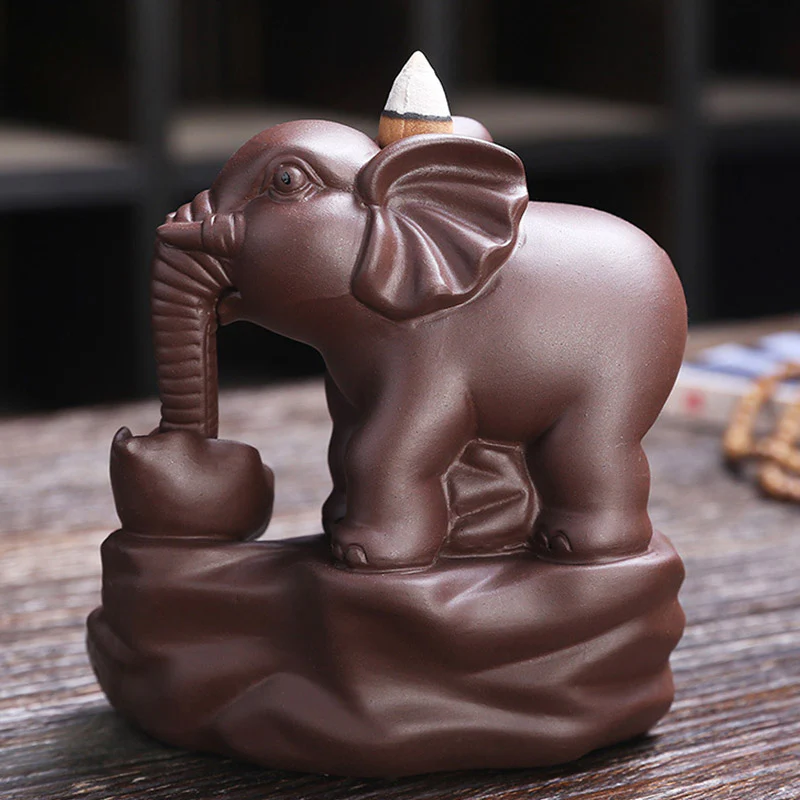 Buddha Stones Tibetan Elephant Purple Clay Backflow Smoke Fountain Protection Incense Burner Decoration