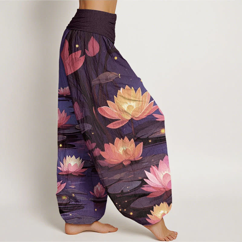 Buddha Stones Casual Peaceful Nighttime Lotus Pattern Women's Elastic Waist Harem Pants