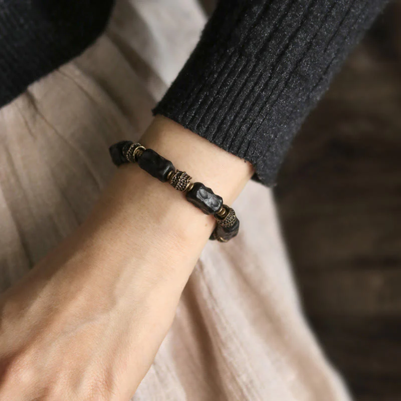 Buddha Stones Tibetan Ebony Wood Copper Calm Peace Bracelet