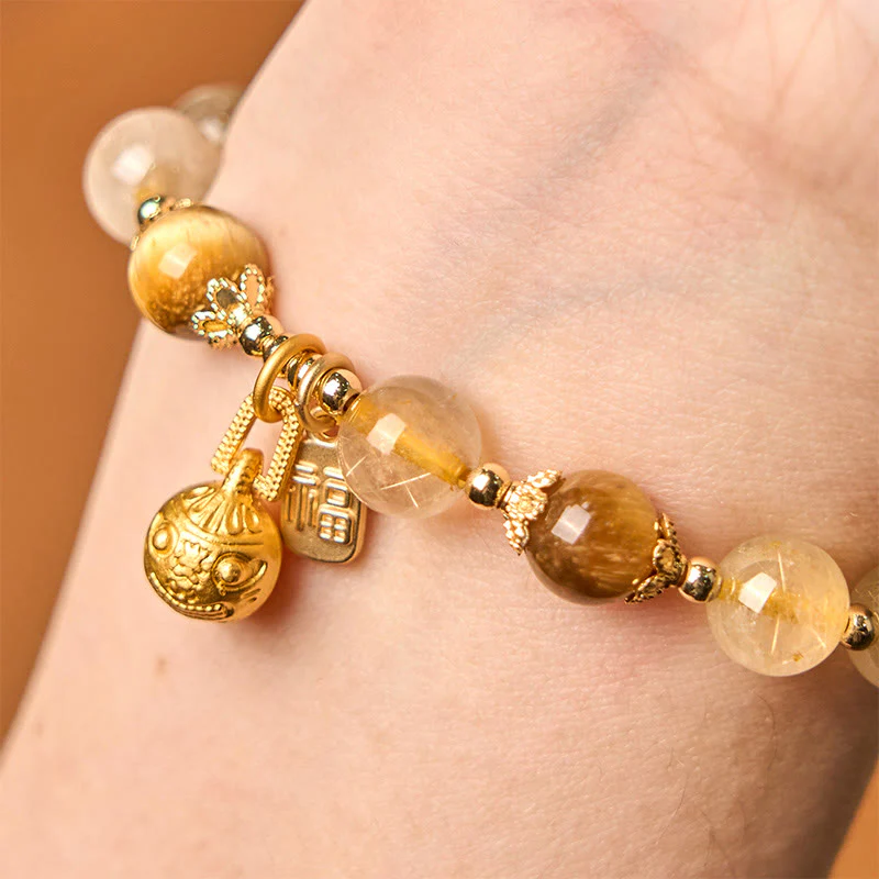 Buddha Stones Natural Rutilated Quartz Fu Character Metal Swallowing Beast Auspiciousness Bracelet
