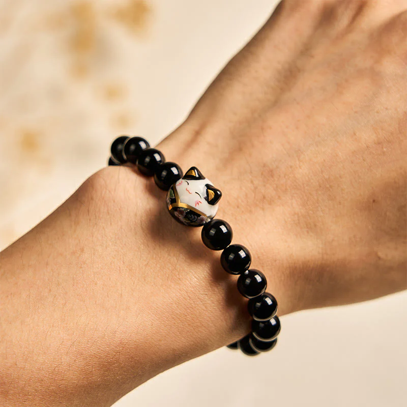 Buddha Stones Black Cat Natural Black Onyx Ceramic Kitten Fortune Bracelet