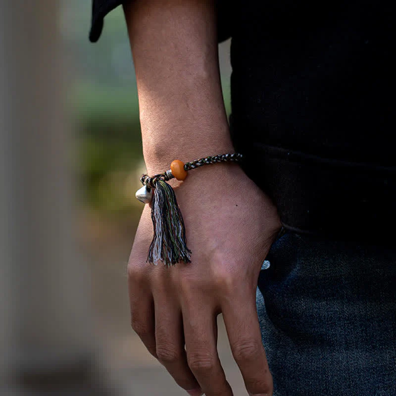 Buddha Stones 990 Sterling Silver Tibetan Handmade Amber Steelyard Weight Wish Protection Bracelet