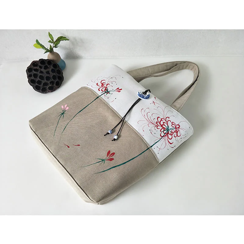 Buddha Stones Pear Flower Plum Peach Blossom Bamboo Embroidery Canvas Large Capacity Shoulder Bag Tote Bag