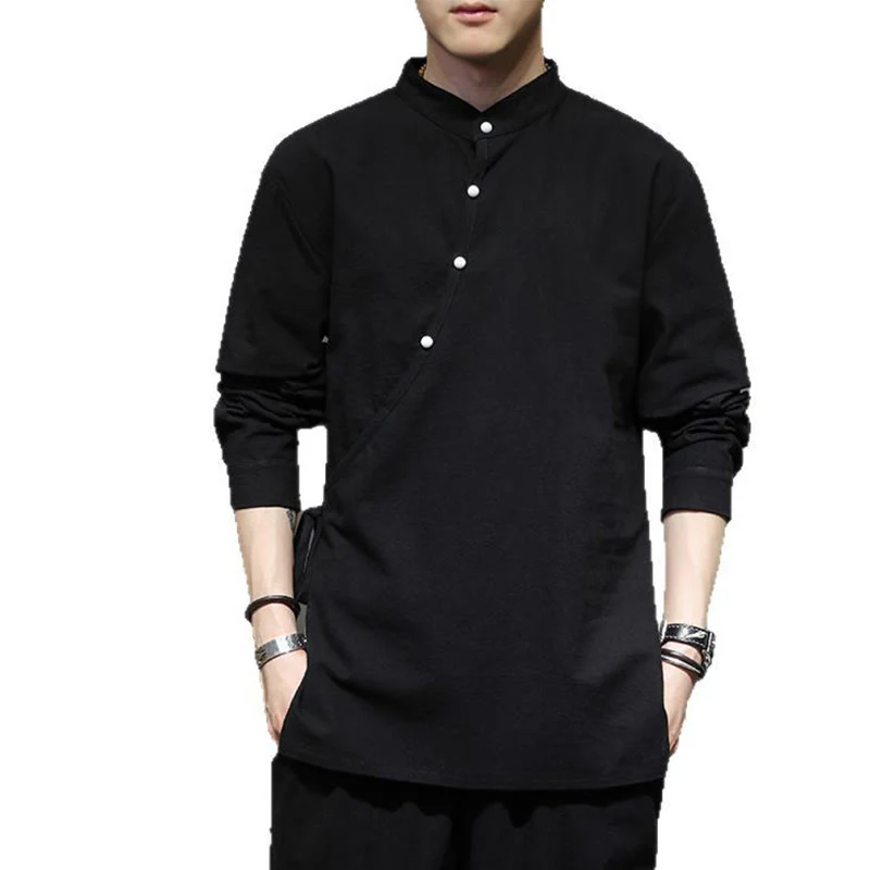 Buddha Stones Plain Lace-Up Simple Button Design Men's Long Sleeve Cotton Linen Shirt Clothing