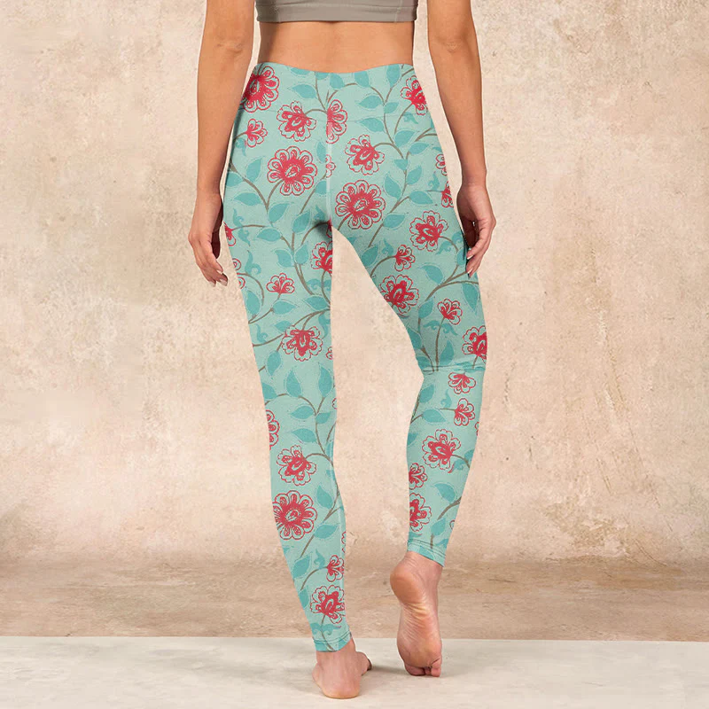 Buddha Stones Vine Leaves Blossom Print Gym Leggings Women's Yoga Pants