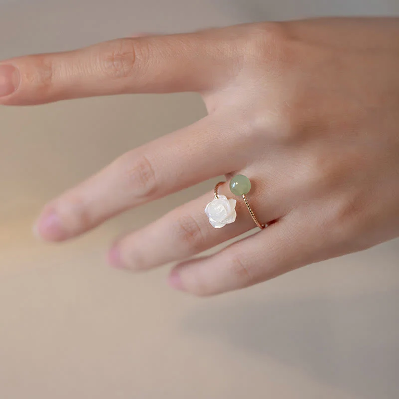 Buddha Stones 14K Gold Plated Tridacna Stone Rose Flower Jade Bead Blessing Ring