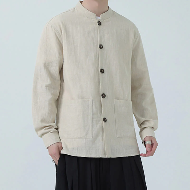 Buddha Stones Men's Button Ramie Linen Cotton Fleece Lined Jacket Shirt With Pockets