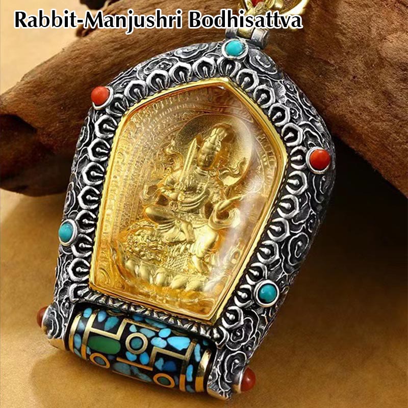 Buddha Stones Tibet Chinese Zodiac Natal Buddha Thangka Prosperity Rotatable Dzi Bead Necklace Pendant
