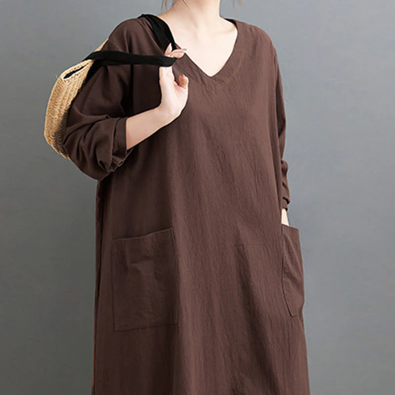 Buddha Stones Fall Casual Simple Design Long Sleeve Cotton Linen Maxi Dress With Pockets