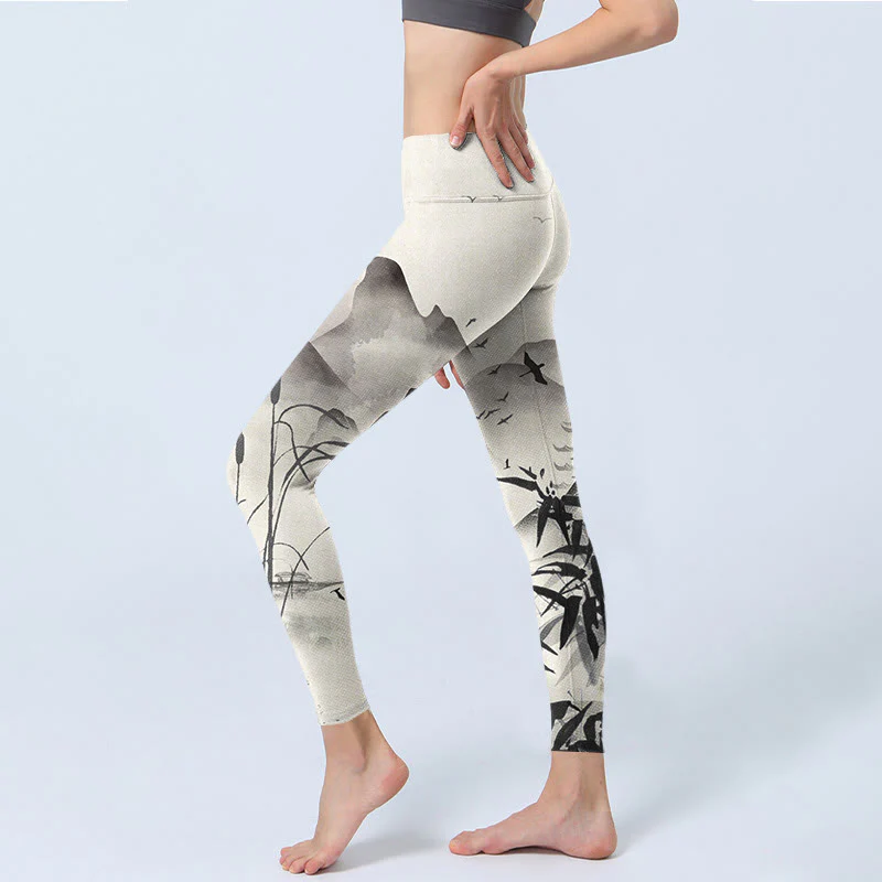 Buddha Stones Ink Bamboo Mountains Print Gym Leggings Women's Yoga Pants