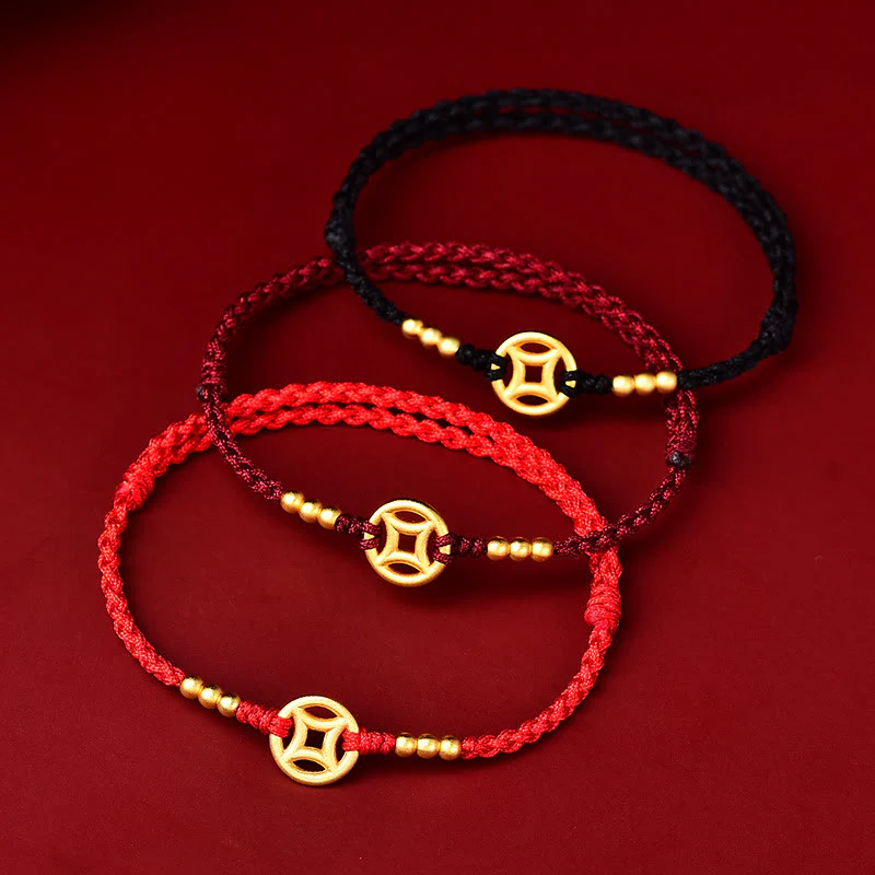 Buddha Stones Copper Coin Strength Braided String Bracelet Anklet