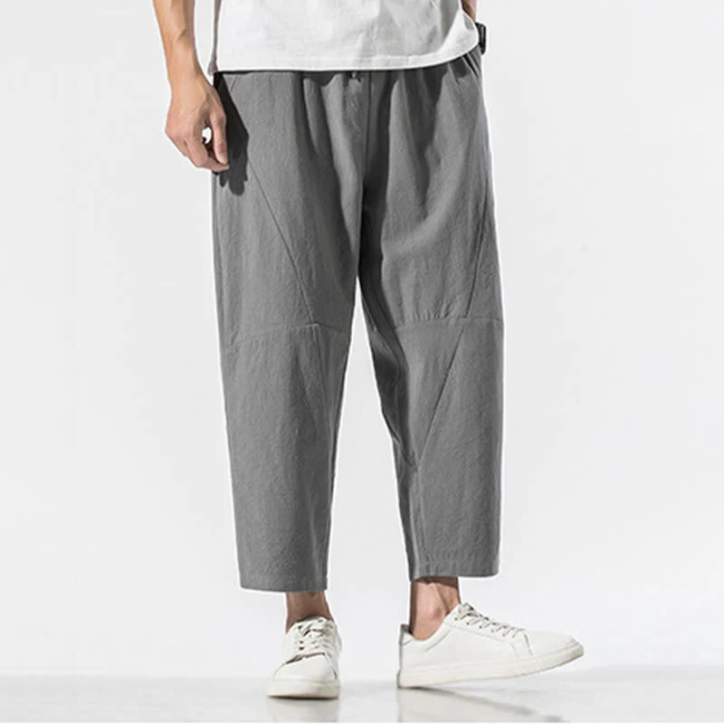 Buddha Stones Vintage Jacquard Solid Color Drawstring Cotton Linen Men's Harem Pants With Pockets