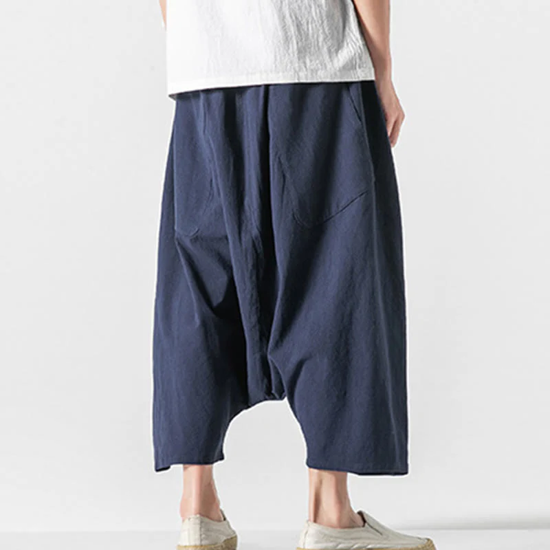 Buddha Stones Casual Low Crotch Design Drawstring Men's 7-8 Length Cotton Linen Wide Leg Pants With Pockets
