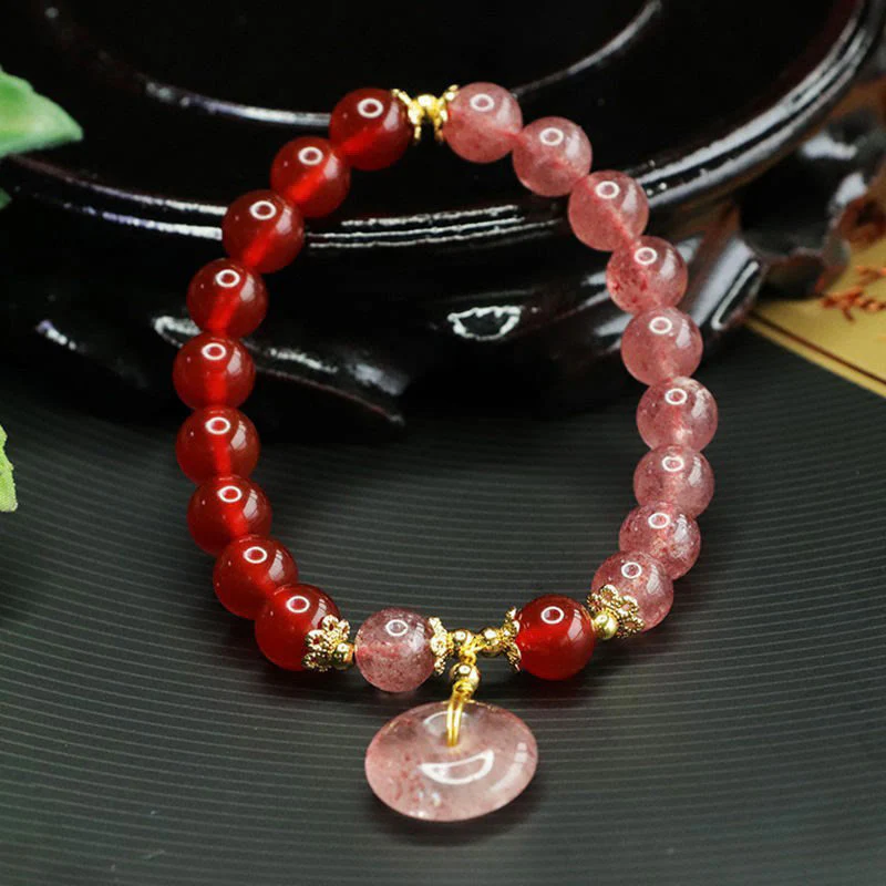 Buddha Stones Strawberry Quartz Red Agate Peace Buckle Positive Luck Bracelet
