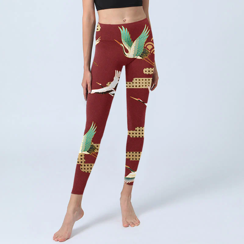Buddha Stones Red Crowned Crane Cloud Pattern Print Gym Leggings Women's Yoga Pants