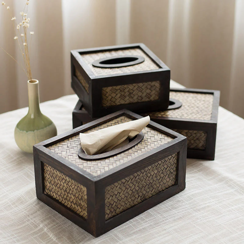Buddha Stones Handmade Bamboo Woven Wood Tissue Box Wooden Tissue Holder Wipes Boxes Decoration
