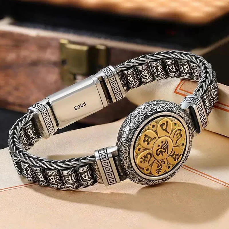 Buddha Stones Tibetan Copper Buckle Om Mani Padme Hum Turntable Rotatable Peace Metal Bracelet