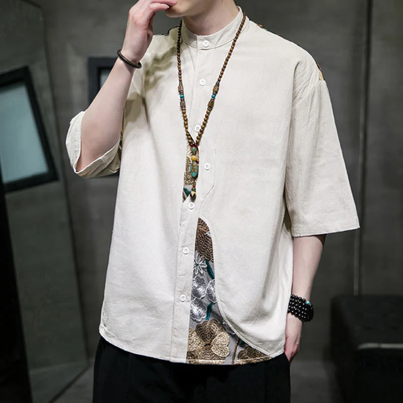 Buddha Stones Embroidery Patchwork Simple Design Three Quarter Sleeve Men's Cotton Linen Shirt