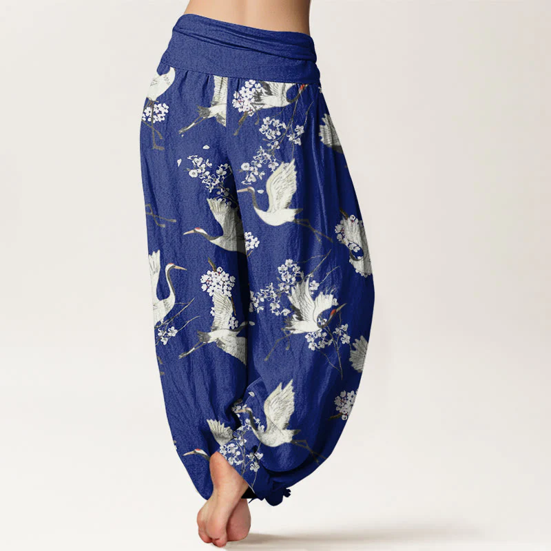 Buddha Stones Casual Elegant Crane Flower Pattern Women's Elastic Waist Harem Pants