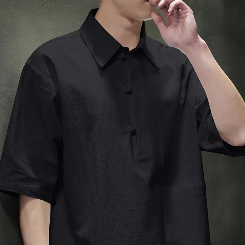 Buddha Stones Commute Plain Half Buttons Design Men's Cotton Linen Shirt With Pocket