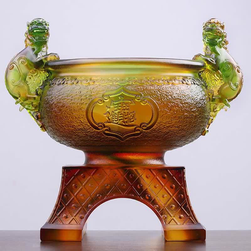 Buddha Stones Handmade Liuli Crystal PiXiu Treasure Bowl Art Piece Home Decoration