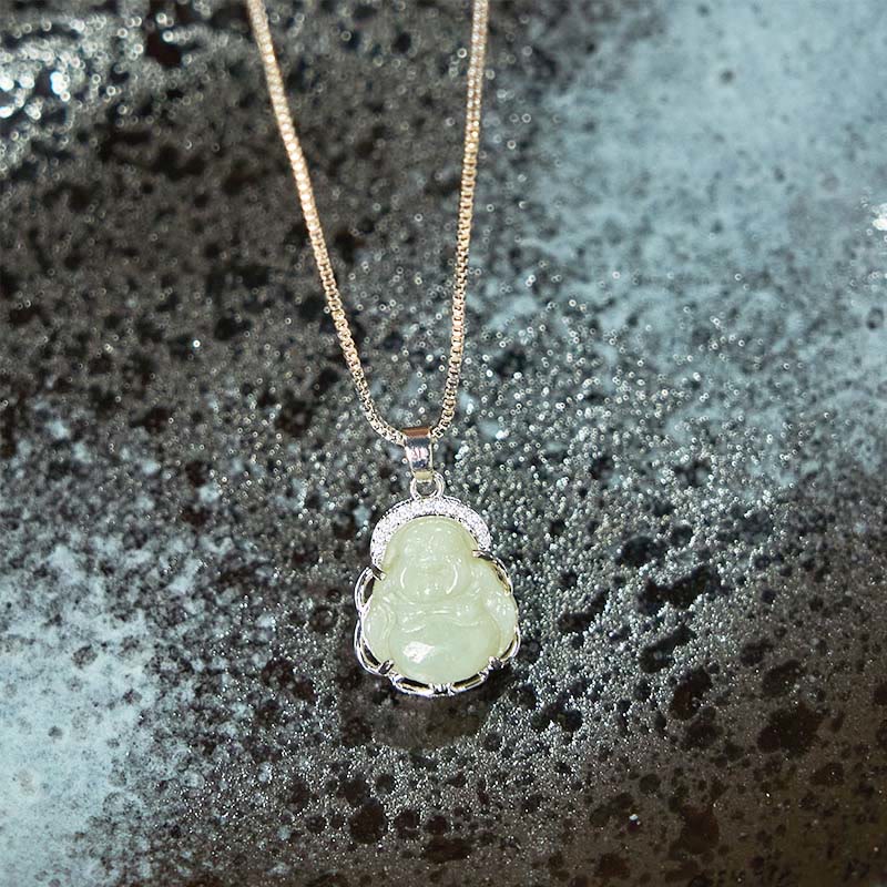 Buddha Stones Natural Hetian Jade Laughing Buddha Abundance Necklace Pendant