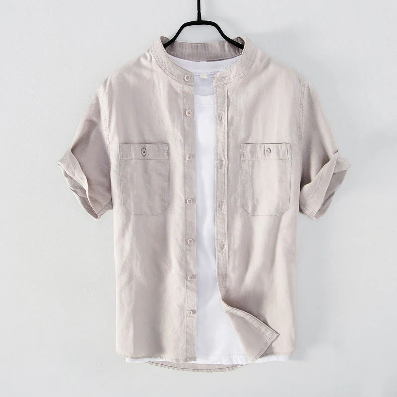 Buddha Stones Casual Daily Simple Buttons Design Stand Collar Men's Short Sleeve Cotton Linen Shirt With Front Pockets