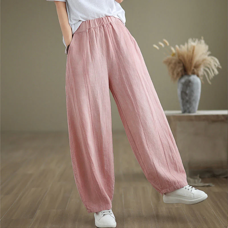 Buddha Stones Casual Plain Women's Cotton Linen Harem Pants With Pockets