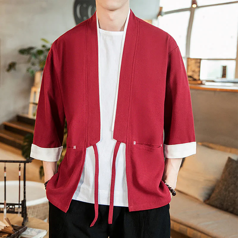 Buddha Stones Lace-Up Design Open Front Jacket Cotton Linen Men's Kimono With Pockets