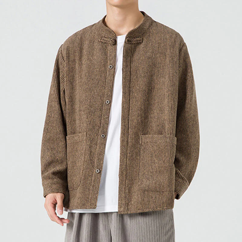 Buddha Stones Long Sleeve Frog-button Design Men's Cotton Jacket Shirt With Pockets