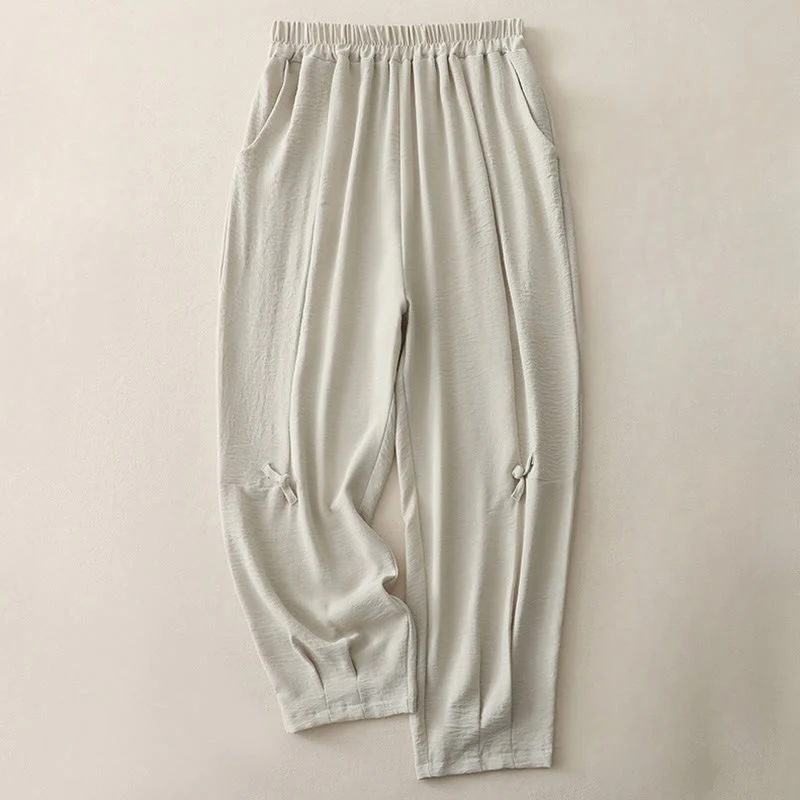 Buddha Stones Commute Casual Plain Frog-Button Design Women's Harem Cotton Linen 7-8 Length Pants With Pockets