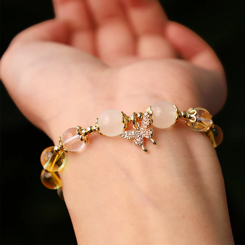 Buddha Stones Citrine Moonstone Butterfly Charm Prosperity Protection Bracelet