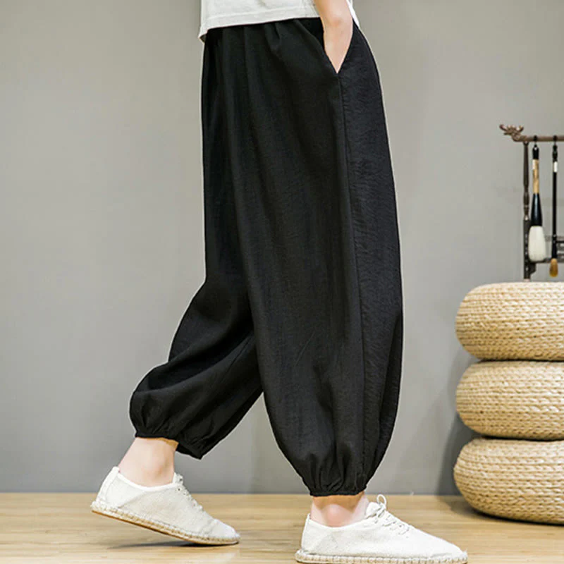 Buddha Stones Summer Plain Drawstring Men's Ankle-Length Cotton Harem Pants With Pockets