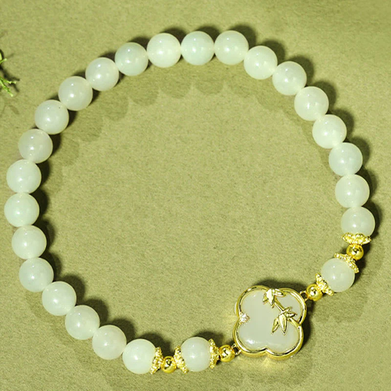 Buddha Stones Hetian Jade 925 Sterling Silver Four Leaf Clover Bamboo Luck Bracelet