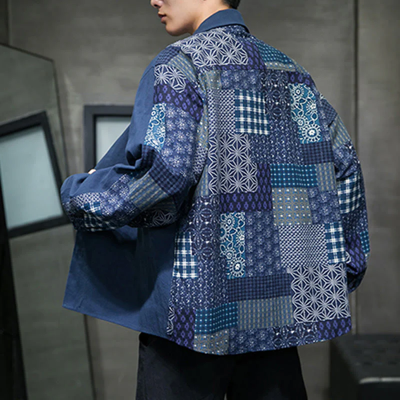 Buddha Stones Men's Flower Pattern Stitching Cotton Blend Long Sleeve Shirt