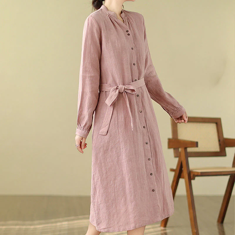 Buddha Stones Casual Plain Drawstring Button Cotton Linen Midi Dress With Pockets