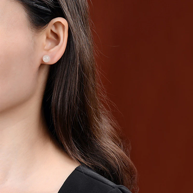 Buddha Stones 925 Sterling Silver Round White Jade Blessing Stud Earrings