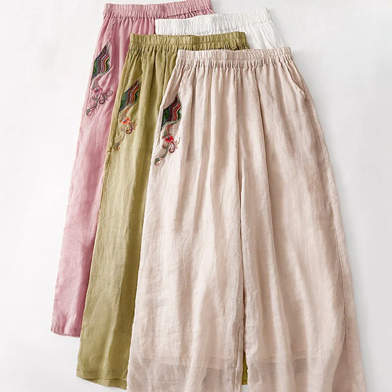 Buddha Stones Summer Embroidery Double Layer Cotton Linen Women's Wide Leg Pants With Pockets