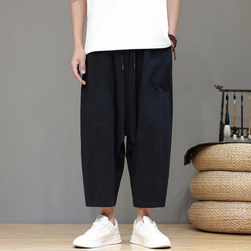 Buddha Stones Casual Plain Low Crotch Design Drawstring Men's Cotton Elastic Waistband Wide Leg Pants With Pockets