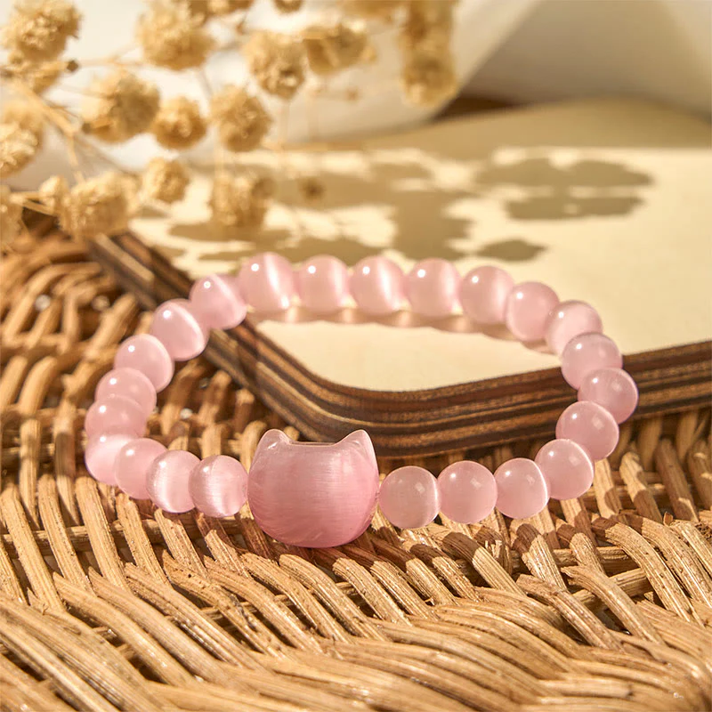 Buddha Stones Lovely Cat Head Pink Cat's Eye White Cat's Eye Spiritual Beads Bracelet